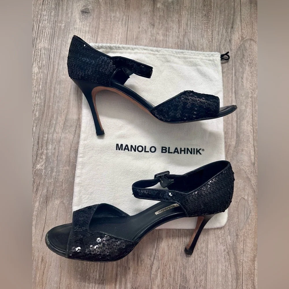 Manolo Blahnik Caldo Sequined Black Ankle Strap Peep Toe Stiletto Heels